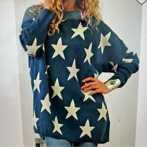 Tasha Polizzi Blue Star Print Oversize Americana Cotton Tunic Sweater one size